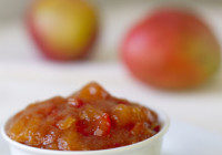 Homemade mango chutney with ginger and red pepper.