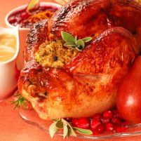 Turkey with stuffing, gravy, cranberry sauce with fresh fruit